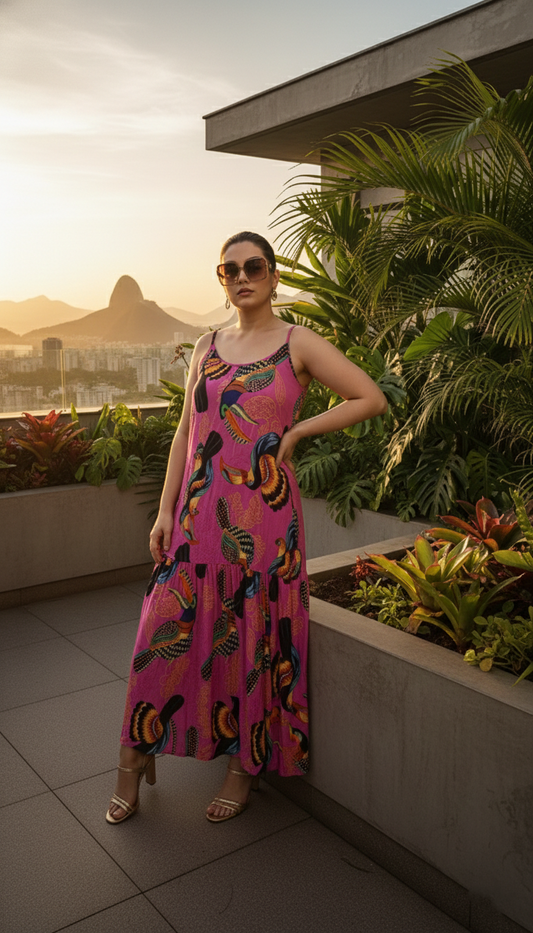 Vestido Largo Brasileño Estampado Con Tirantes y Escote redondo