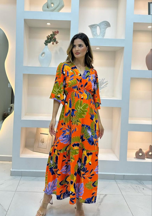 Vestido Largo Tropical Brasileño – Estampado Flores Naranjo