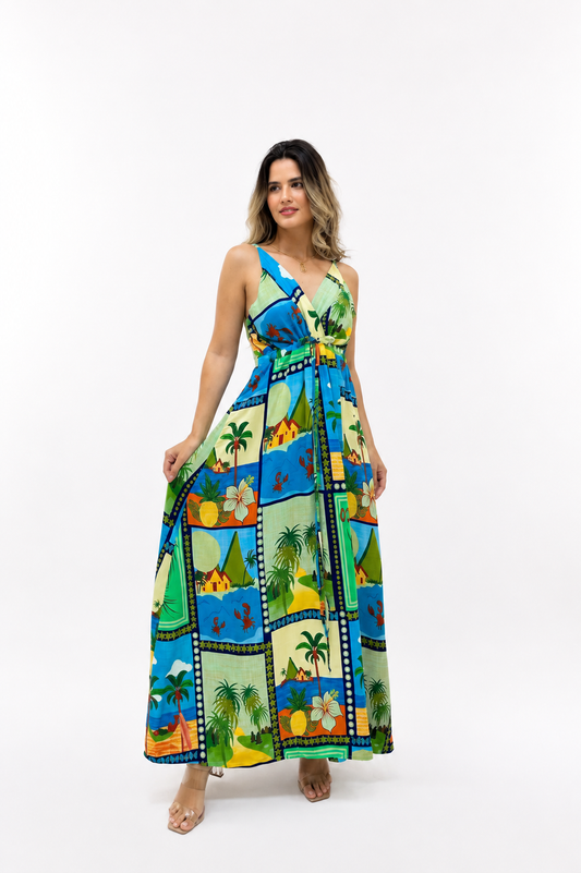 Vestido Largo Brasileño Estampado Con Tirantes y Lazo Ajustable