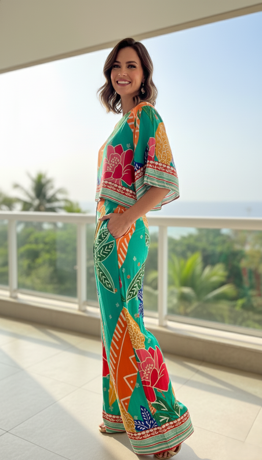 Conjunto Pantalón Estilo Palazzo y Blusa Estampado Brasileño - Turquesa Farm