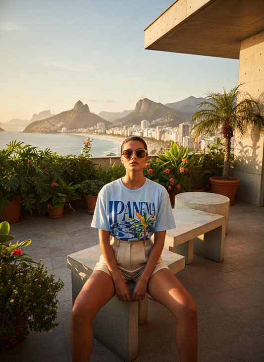 Polera Estampada Brasileña Manga Corta ~ Ipanema Brasil Azul