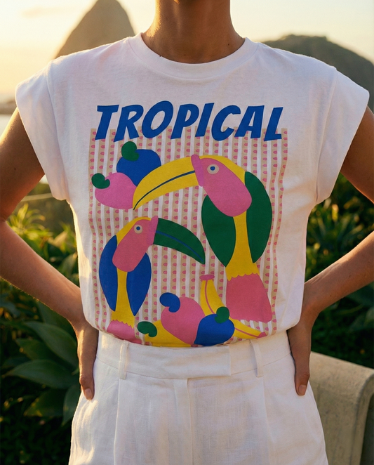 Polera Estampada Brasileña Manga Japonesa ~ Tropical Tucanes