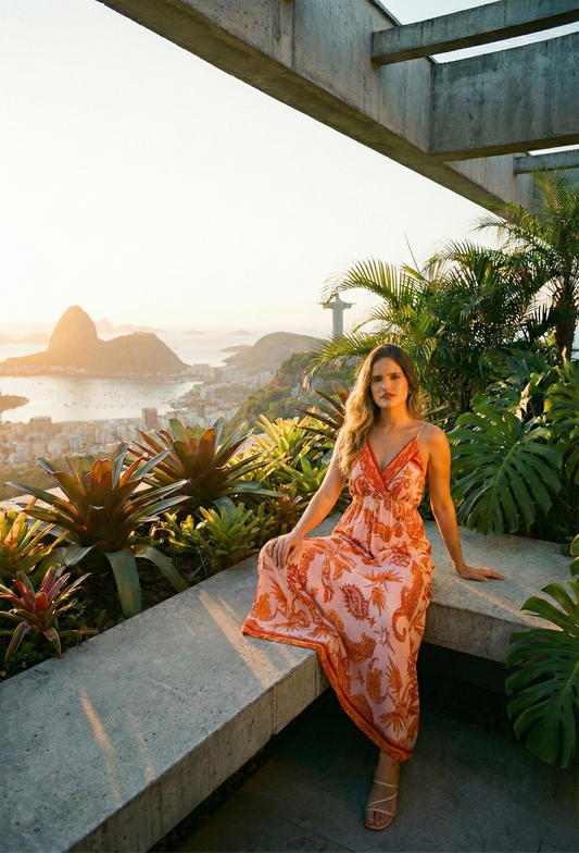 Vestido Largo Brasileño Estampado Con Tirantes y Lazo ~ Estampado Tigres