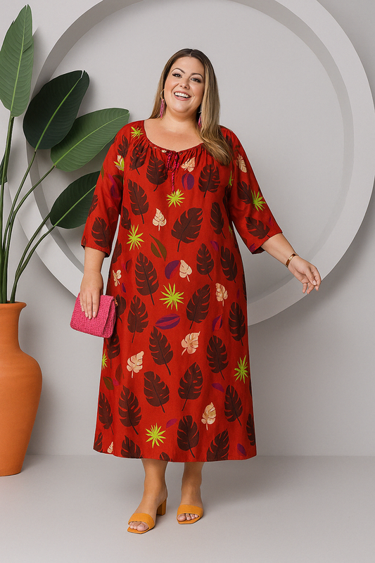 Vestido Midi Plus Size Manga Larga Ancha Estampado Vibrante Brasileño