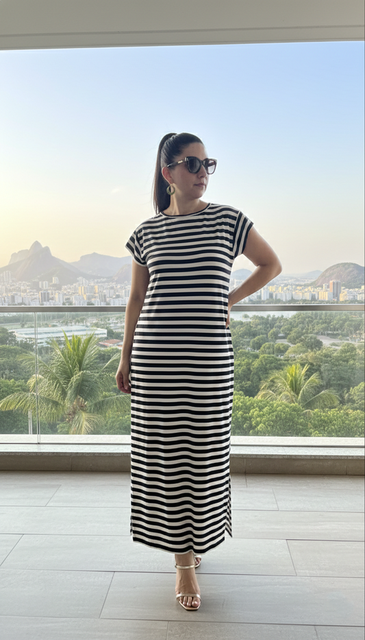 Vestido Largo Brasileño Líneas Azul Marino Y Blancas