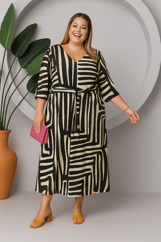 Vestido Largo Con Lazo Ajustable En Cintura - Negro y Beige
