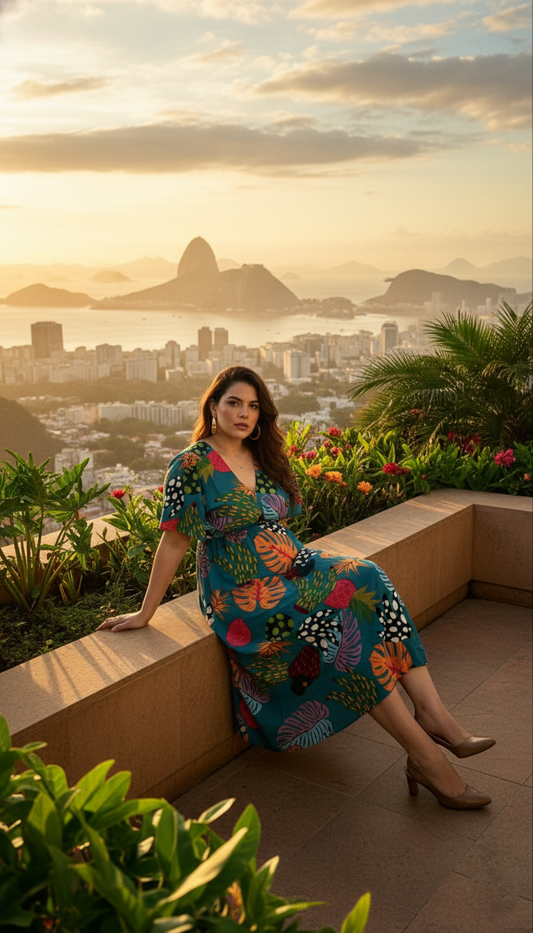 Vestido Largo Tropical Brasileño – Estampado Turquesa