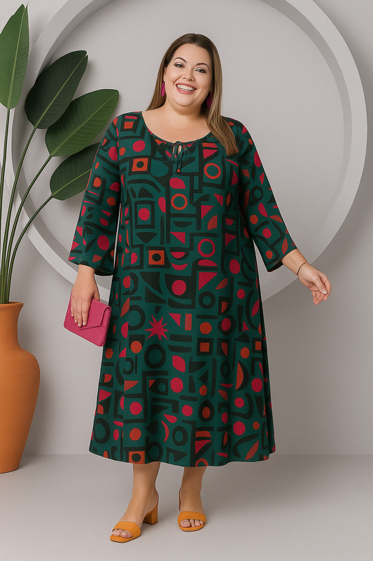Vestido Midi Plus Size Manga Larga Ancha Estampado Vibrante Brasileño
