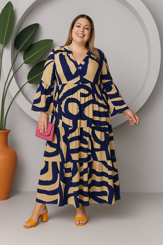 Vestido Largo Plus Size Estampado Geométrico Azul Y Beige
