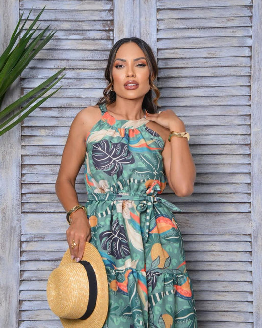 Vestido Largo Tropical Brasileño – Estampado Verde
