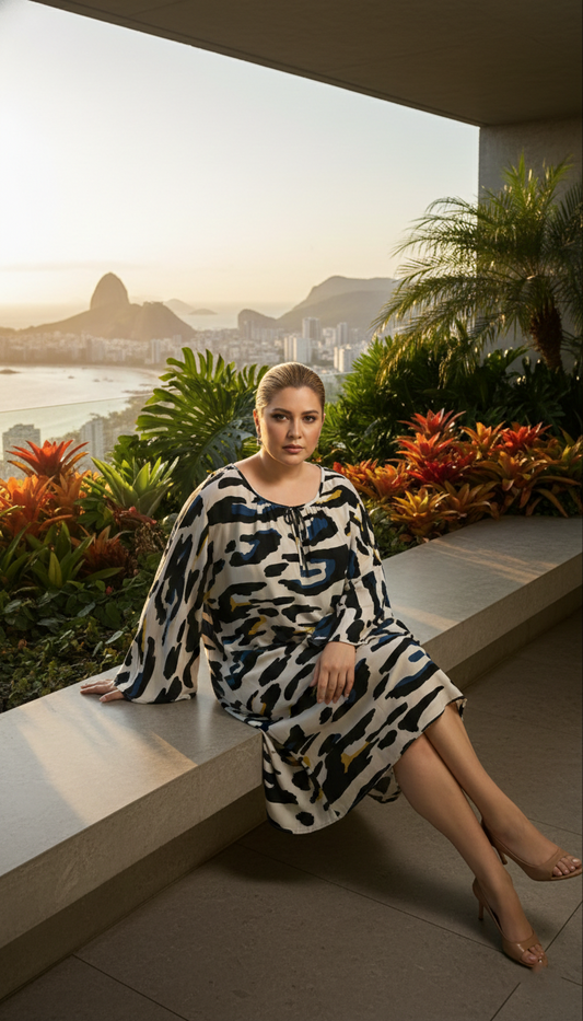 Vestido Midi Talla Grande Manga Larga Ancha Estampado Vibrante Brasileño - Azul Print